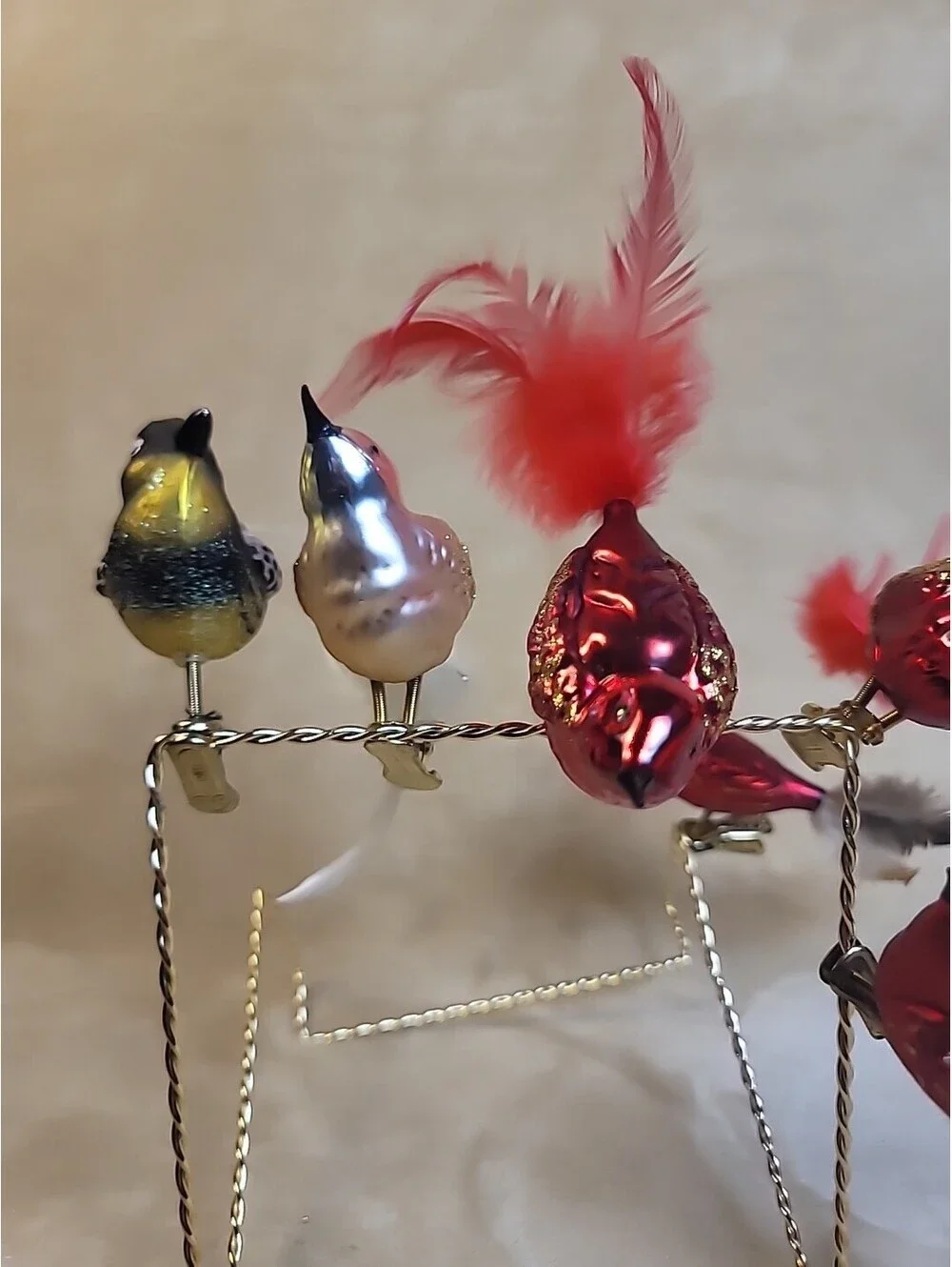 5 Vintage Mercury Glass Clip on Bird Christmas Ornaments Feathers & Spun Tails